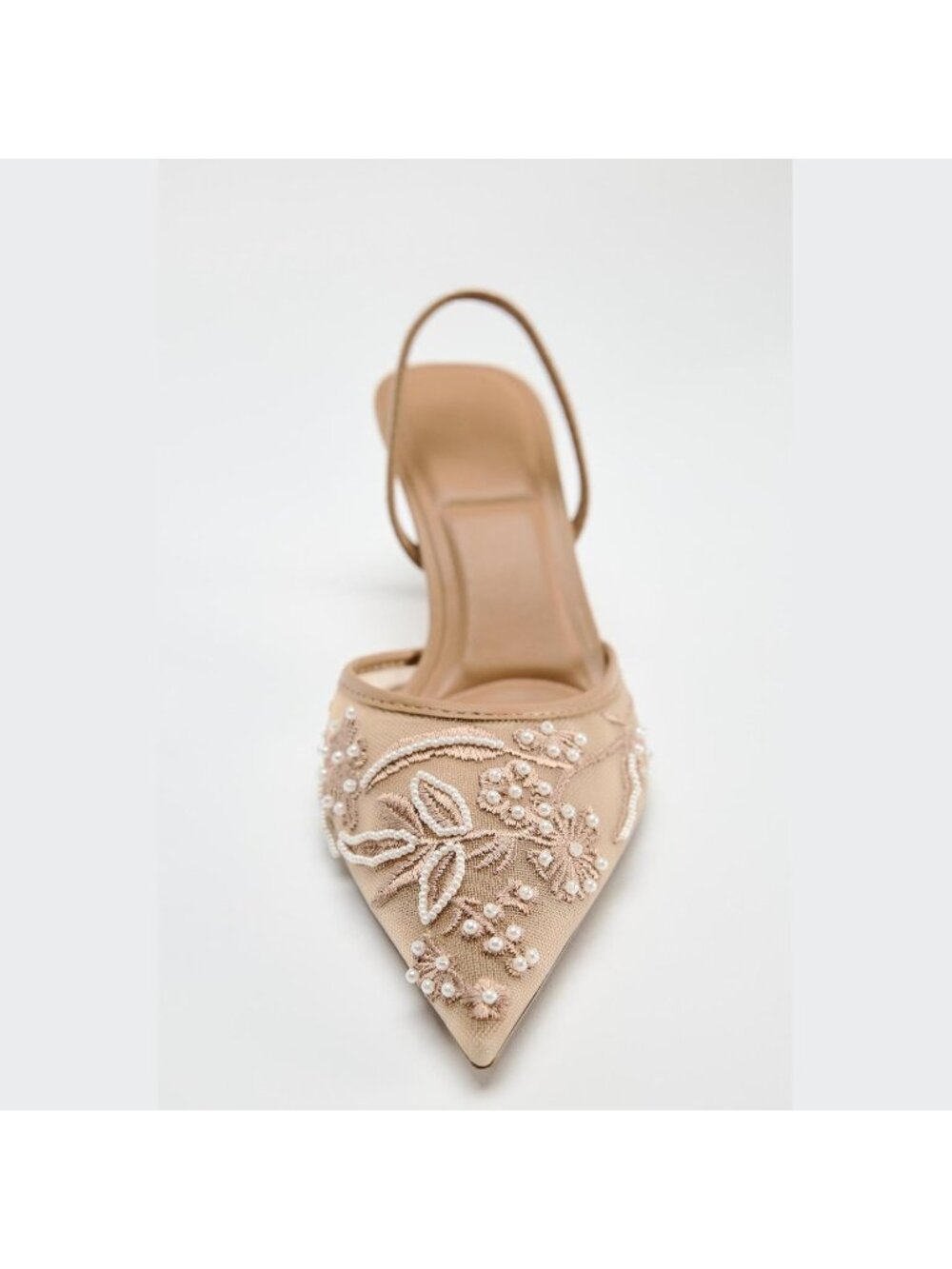 Women's Floral Embroidered Brown Slingback Heels with Pearl Studded Pointed Toe - Picture 4 of 6